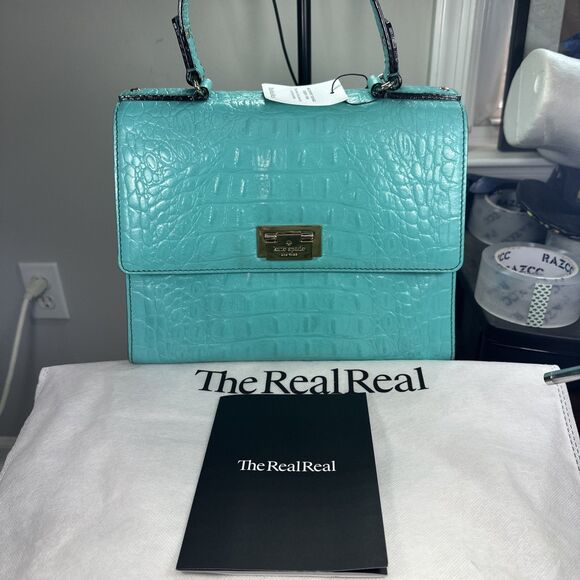 Kate Spade Orchard Valley Doris Croc Embossed Leather Bag Satchel Turquoise - Picture 2 of 9